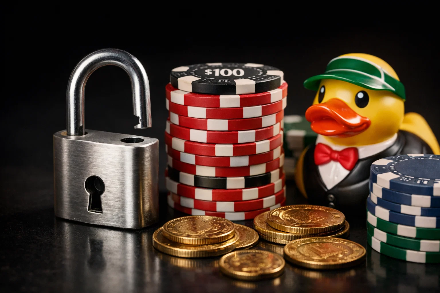 DuckyLuck casino mascot in tuxedo with coins